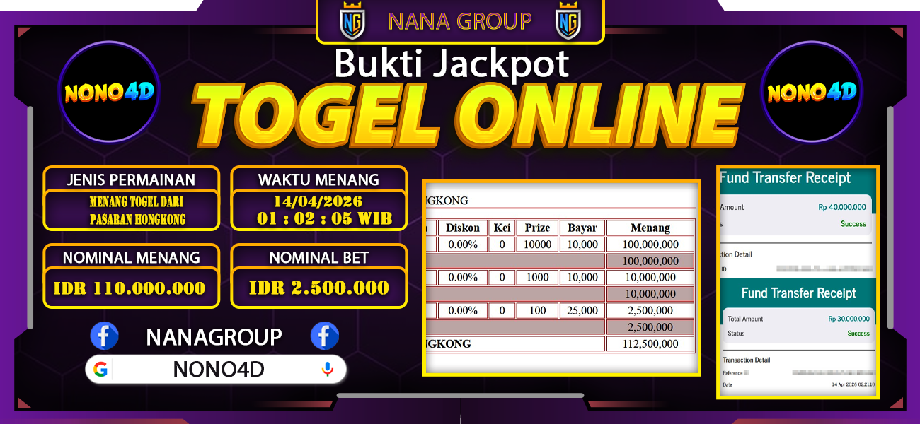 Bukti Kemenangan Besar Dibayar lunas Member NONO4D RP 110.000.000, 14 April 2026