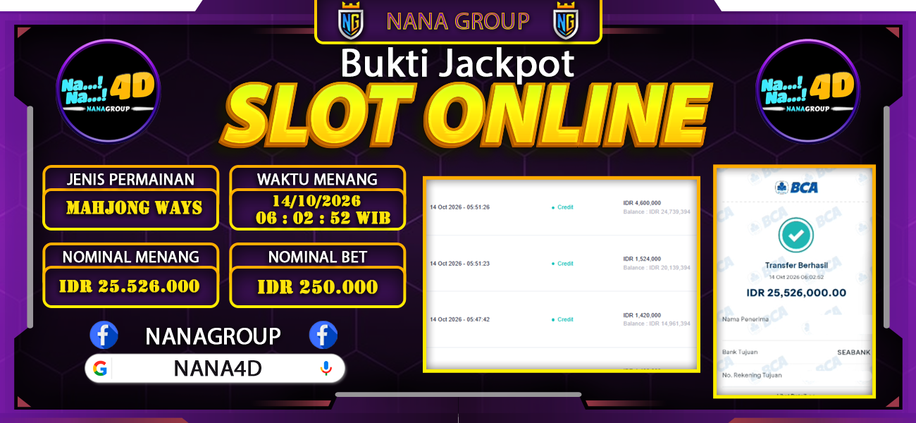 Bukti Kemenangan Besar Dibayar lunas Member NANA4D RP 25.526.000, 14 Oktober 2026