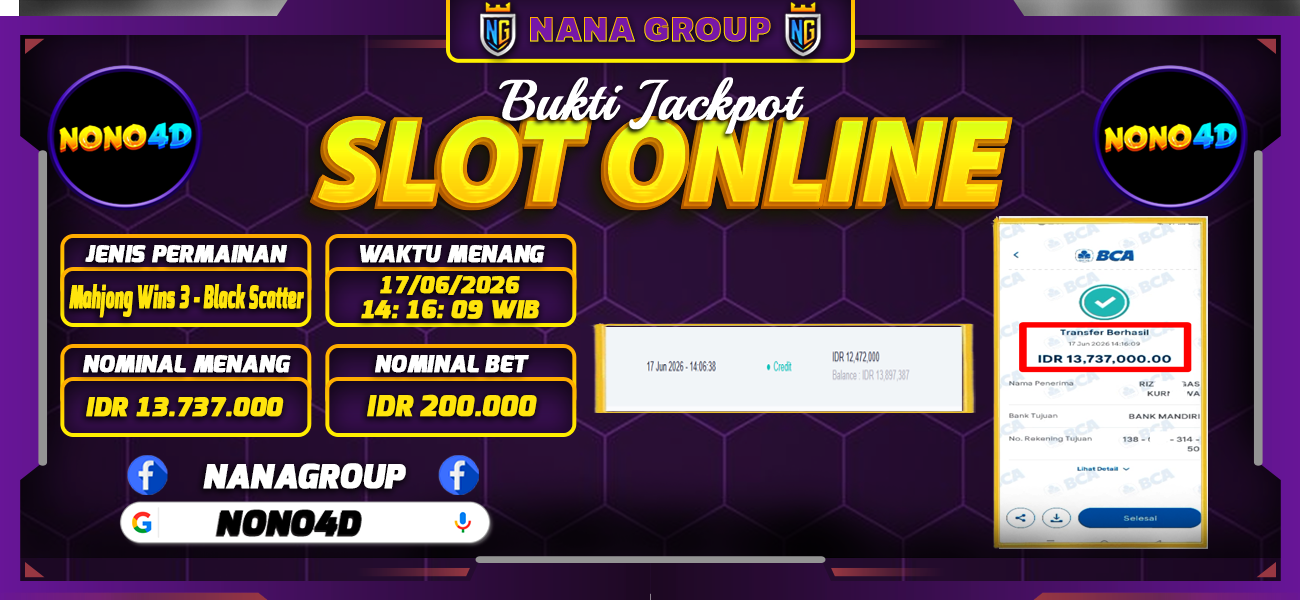 Bukti Kemenangan Besar Dibayar lunas Member NONO4D RP 13.737.000, 17 Juni 2026