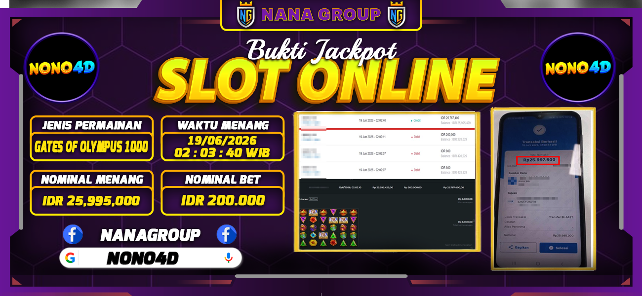 Bukti Kemenangan Besar Dibayar lunas Member NONO4D RP 25.995.000, 19 Juni 2026