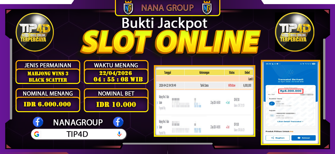 Bukti Kemenangan Besar Dibayar lunas Member TIP4D RP 6.000.000, 22 April 2026