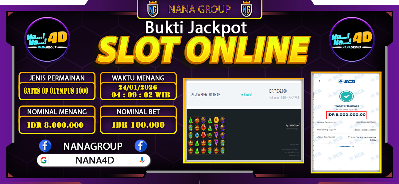 Bukti Kemenangan Besar Dibayar lunas Member NANA4D RP 8.000.000, 24 Januari 2026