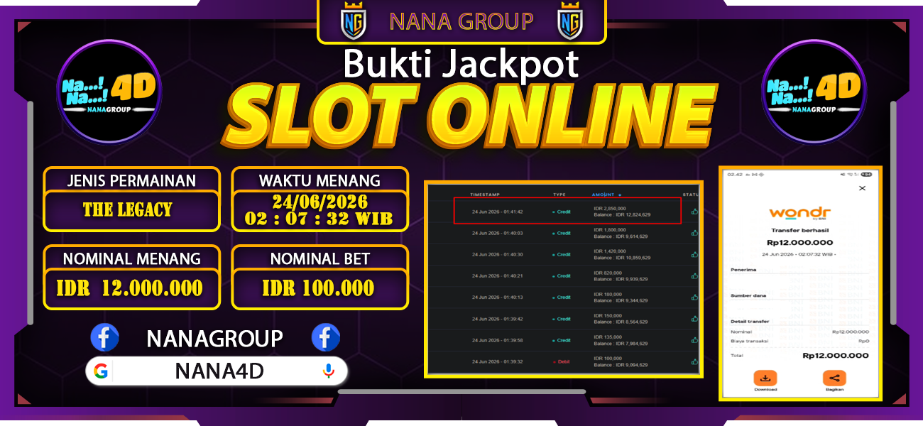 Bukti Kemenangan Besar Dibayar lunas Member NANA4D RP 12.000.000, 24 Juni 2026